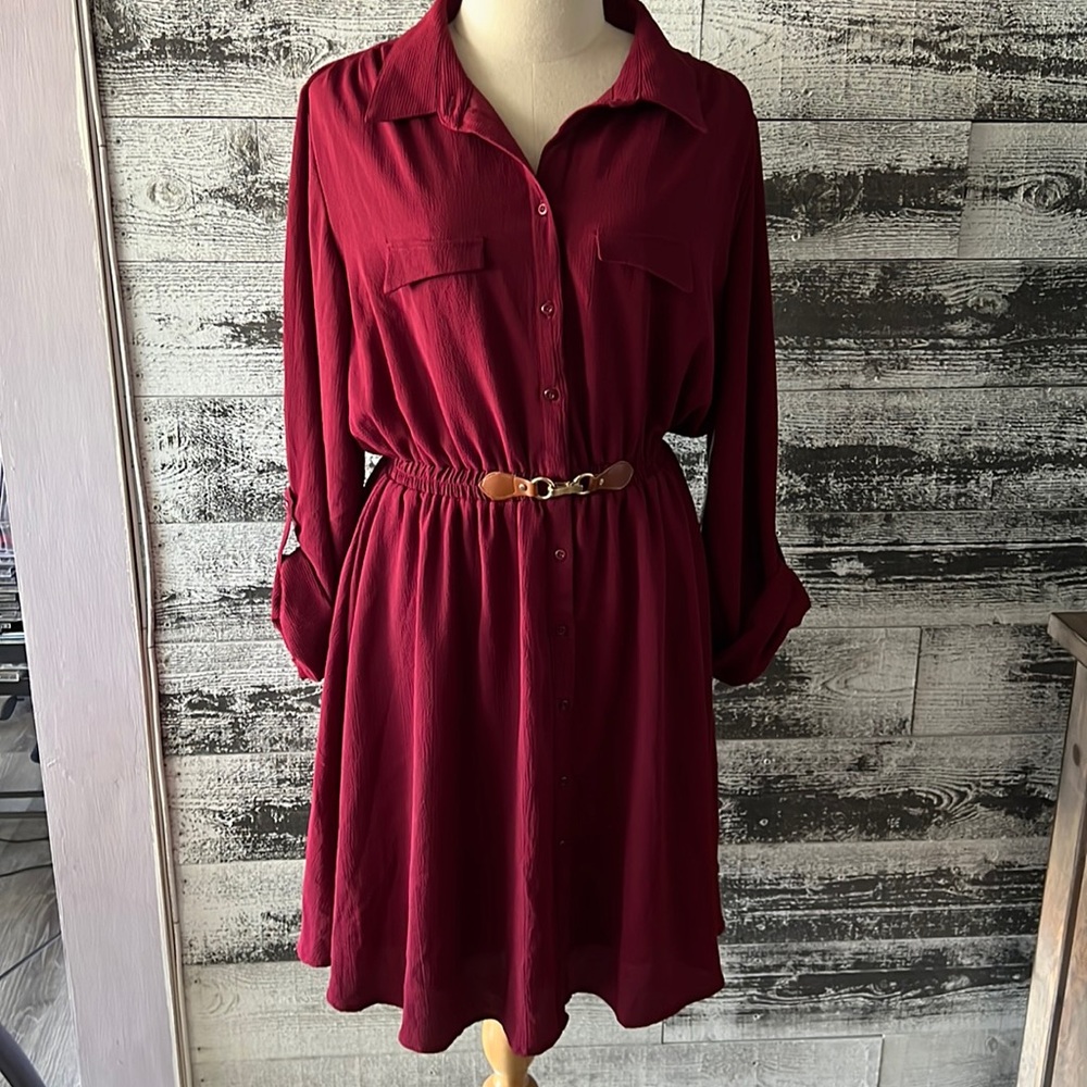 Women's Button-Front Shirt Dress in Burgundy